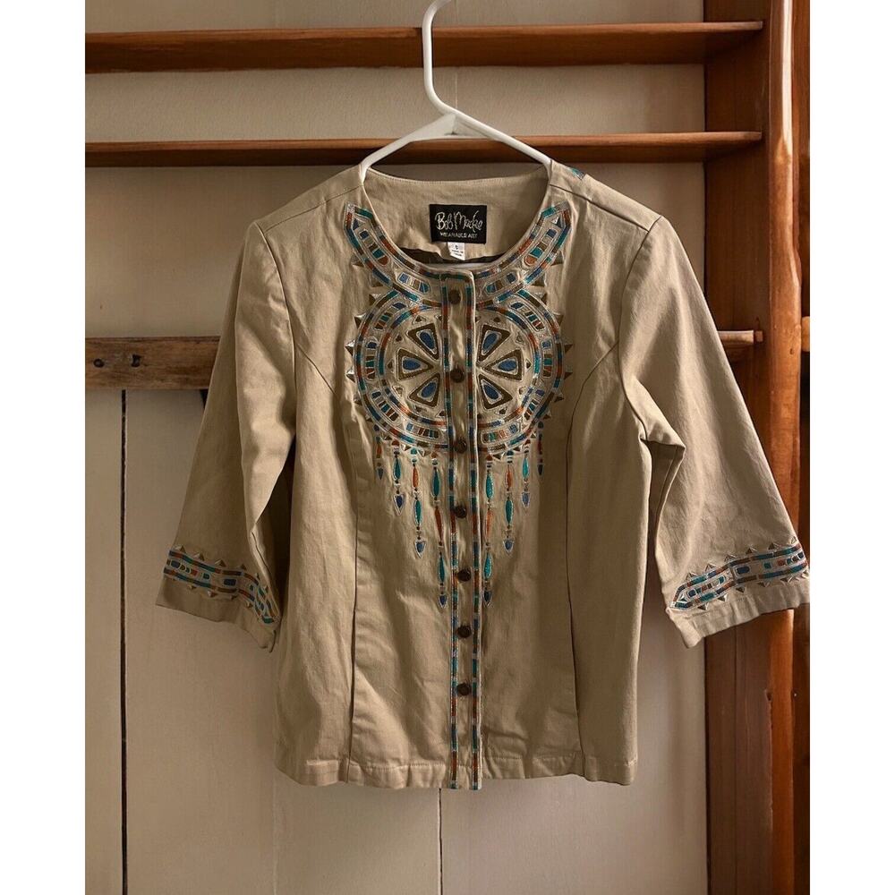 Bob Mackie Wearable Art Embroidered Festive Tan Jacket Size Small Blue Bronze